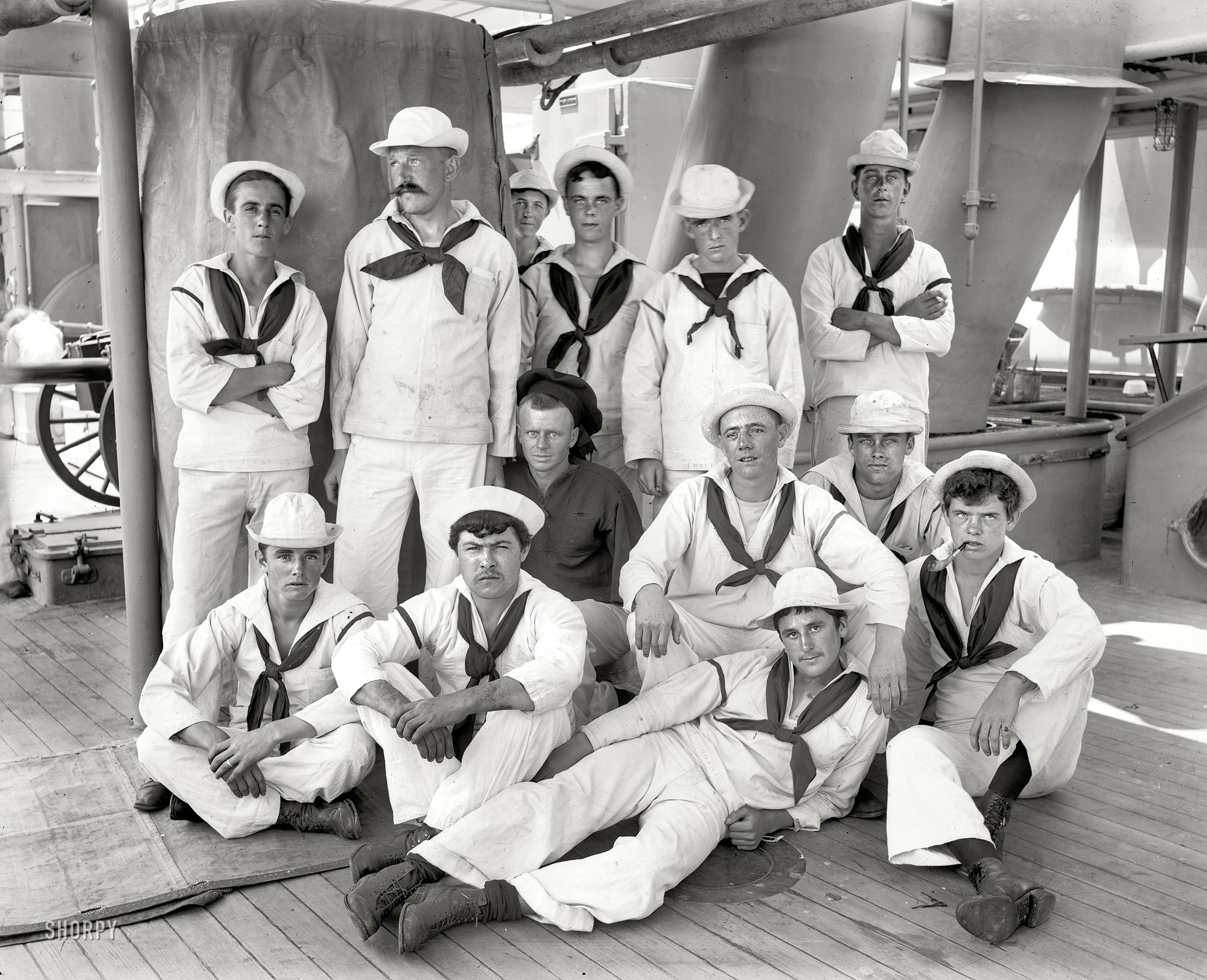 Aboard the U.S.S. New York circa 1896. "Group of sailors." 8x10 inch dry plate glass negative by Edward Hart, Detroit Publishing Company. View full size.