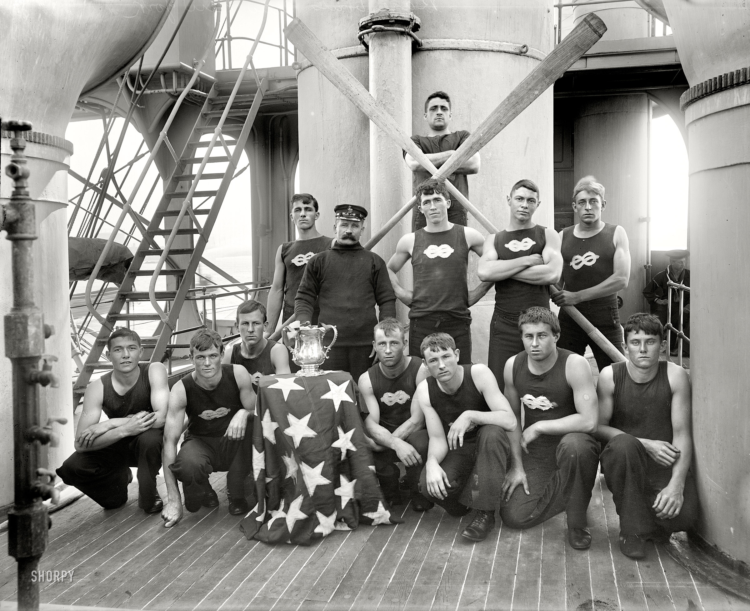 Aboard the U.S.S. New York circa 1896. "A champion boat crew." 8x10 inch dry plate glass negative by Edward Hart, Detroit Publishing Co. View full size.