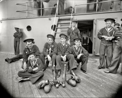 Circa 1897. "U.S.S. Oregon -- the athletes." 8x10 inch dry plate glass negative by Edward H. Hart, Detroit Publishing Company. View full size.