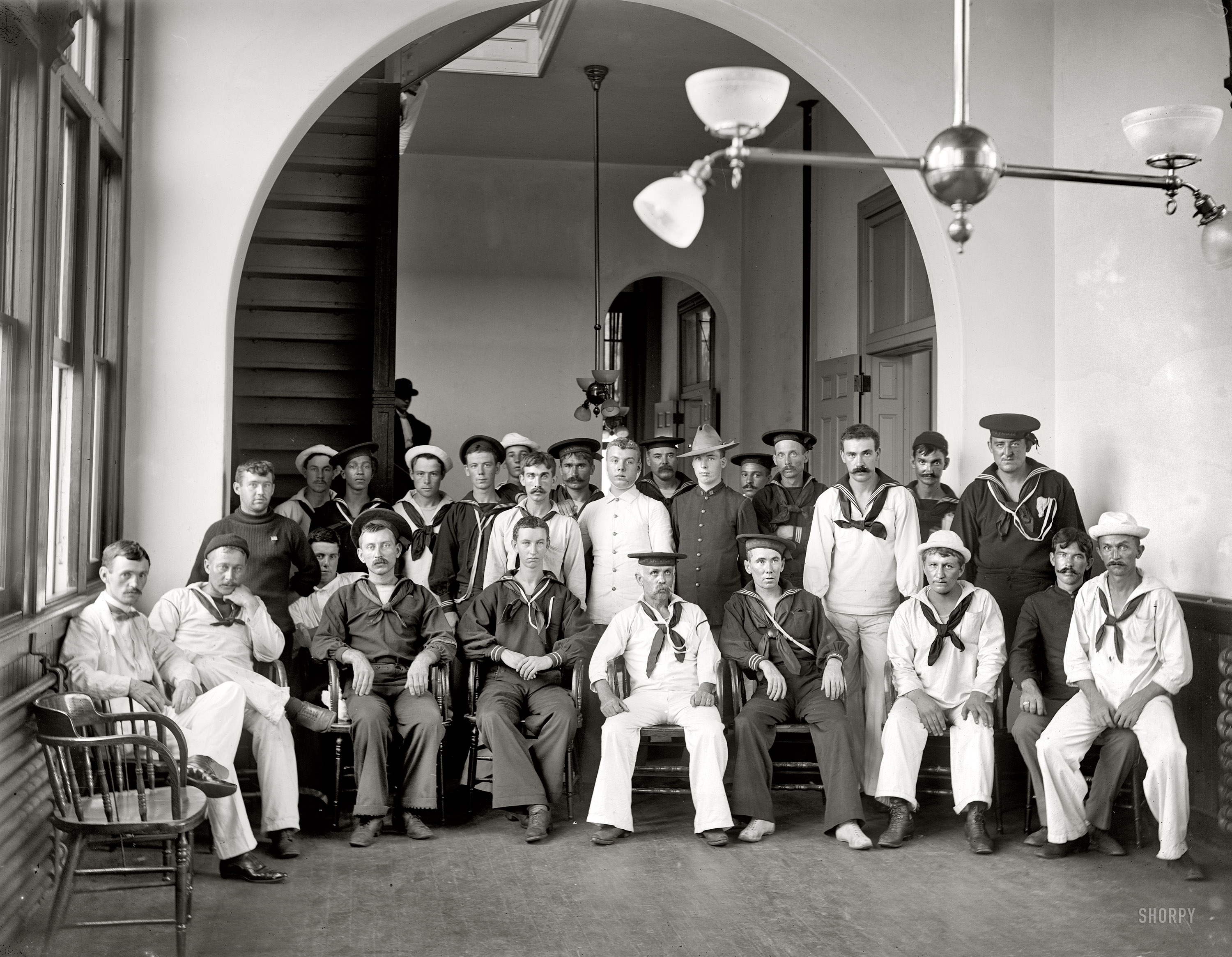 New York circa 1900. "Group of patients, Brooklyn Navy Yard hospital." 8x10 inch dry plate glass negative, Detroit Publishing Company. View full size.
