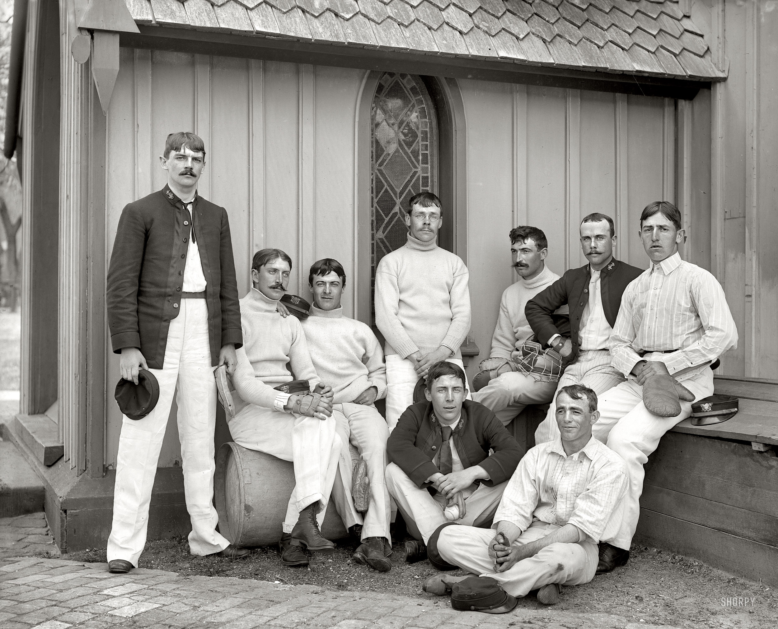 Circa 1890s. "Base ball team, U.S. Naval Academy." Go Annapolis! 8x10 inch dry plate glass negative, Detroit Publishing Company. View full size.