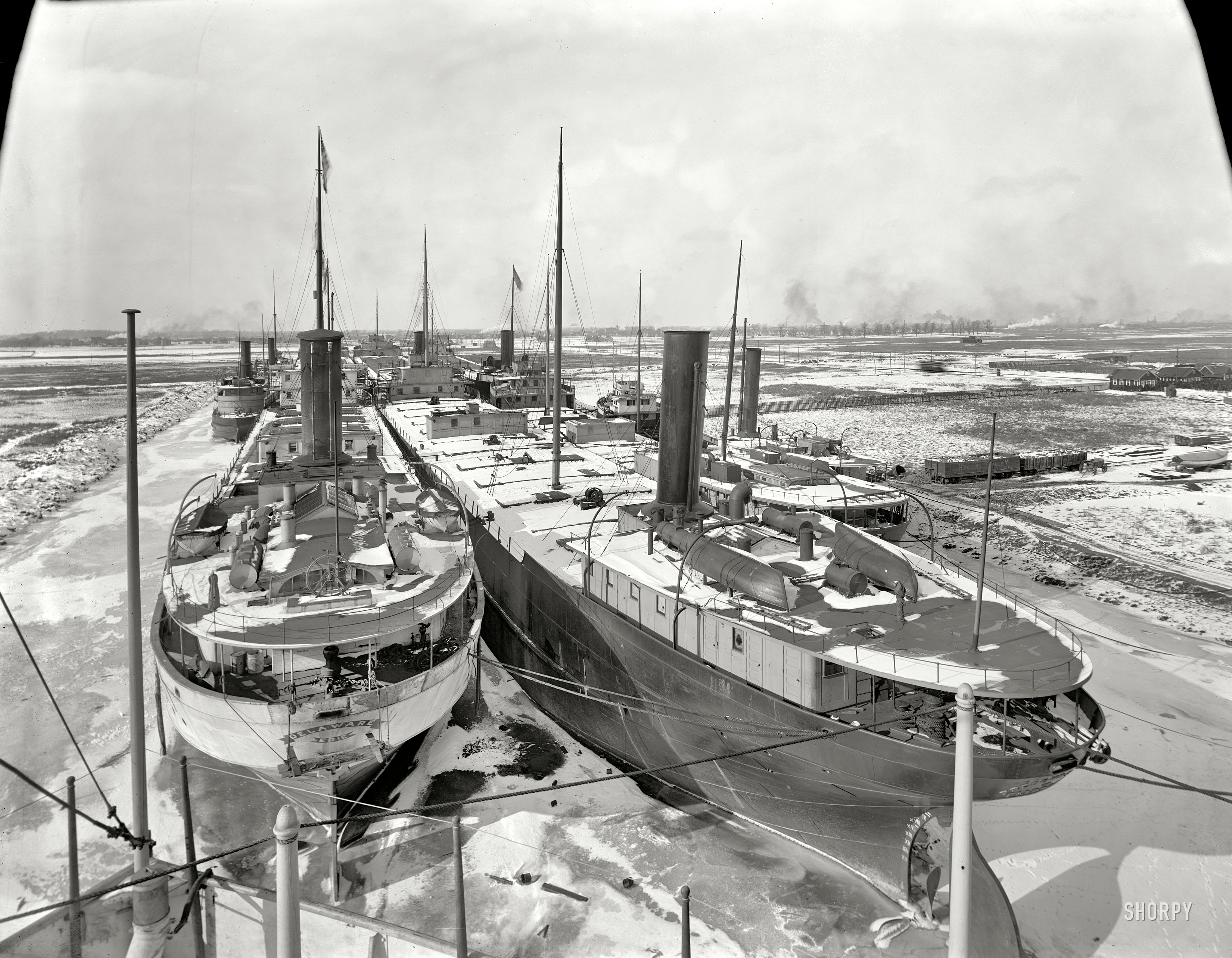 Circa 1905. "Freighters in winter quarters." 8x10 inch dry plate glass negative, Detroit Publishing Company. View full size.