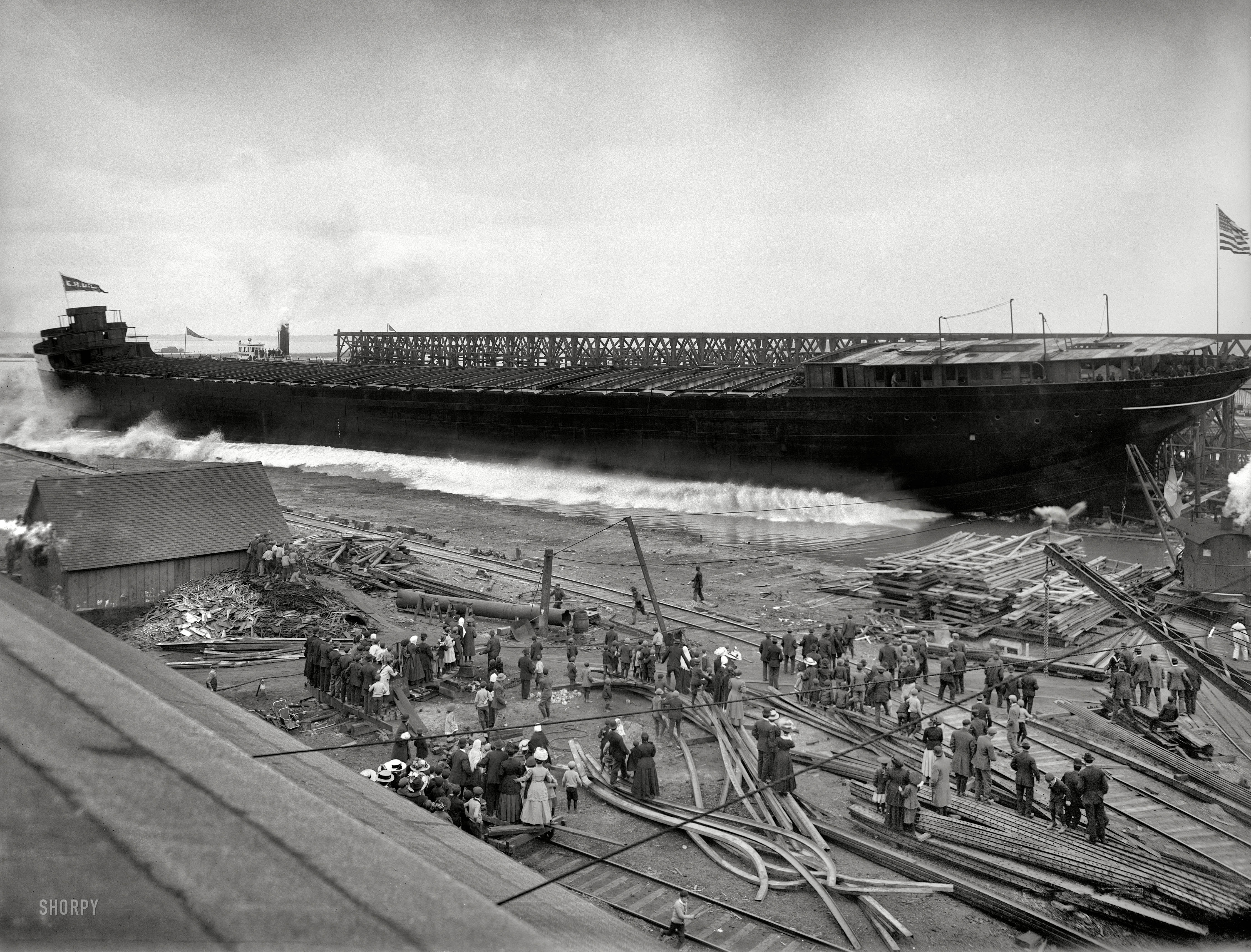 May 14, 1910. "Detroit Shipbuilding Co. yards at Wyandotte, Michigan. Launch of bulk steel carrier E.H. Utley." 8x10 inch glass negative. View full size.