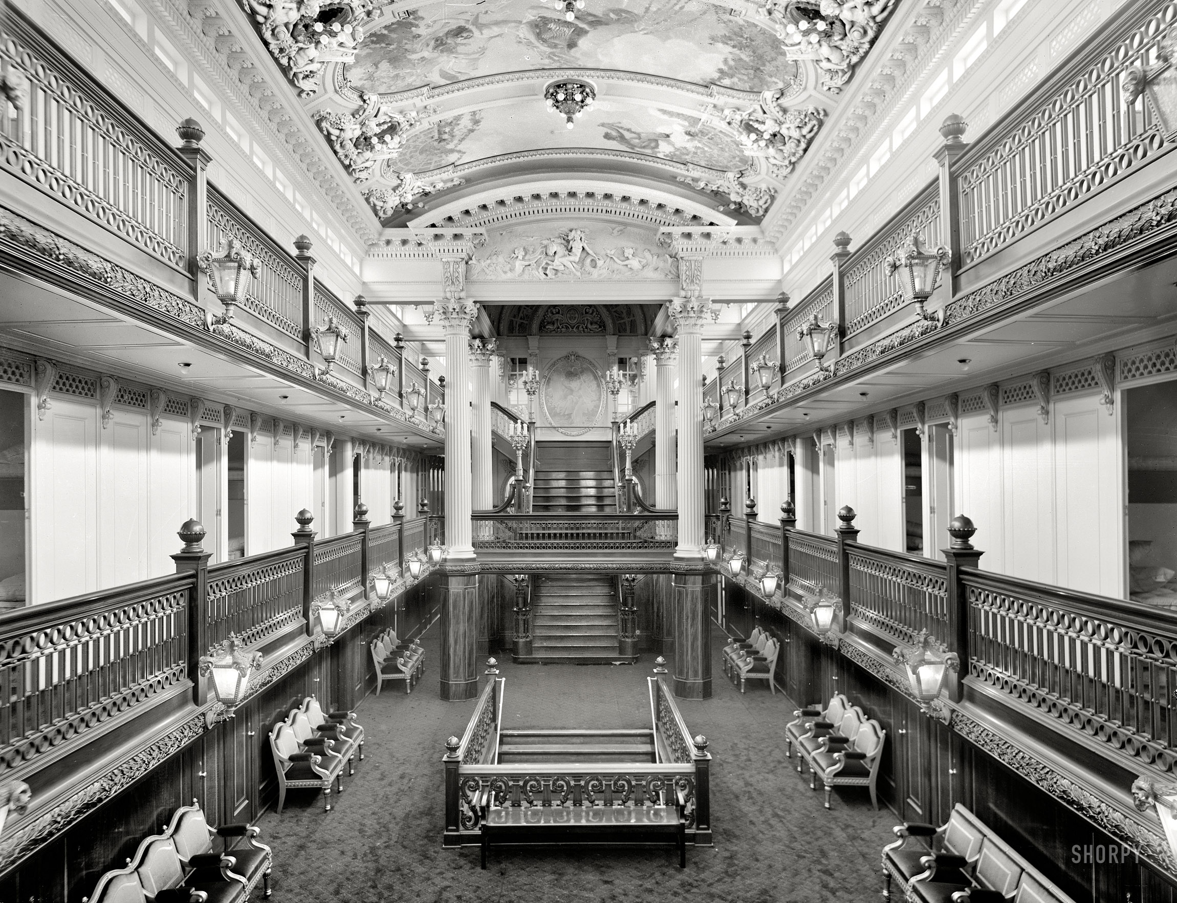 Circa 1912. "Steamer City of Detroit III, grand salon, looking forward." 8x10 inch dry plate glass negative, Detroit Publishing Company. View full size.