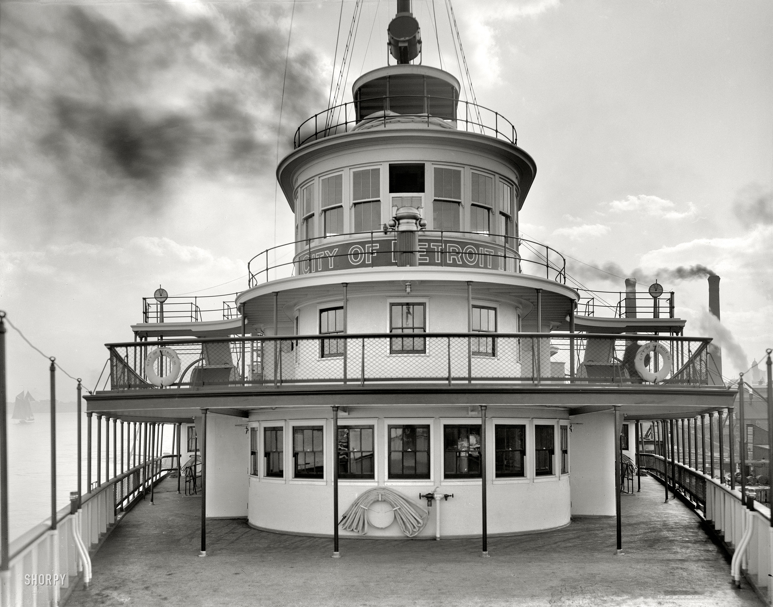 Circa 1912. "Steamer City of Detroit III, pilot house and bridge." 8x10 inch dry plate glass negative, Detroit Publishing Company. View full size.