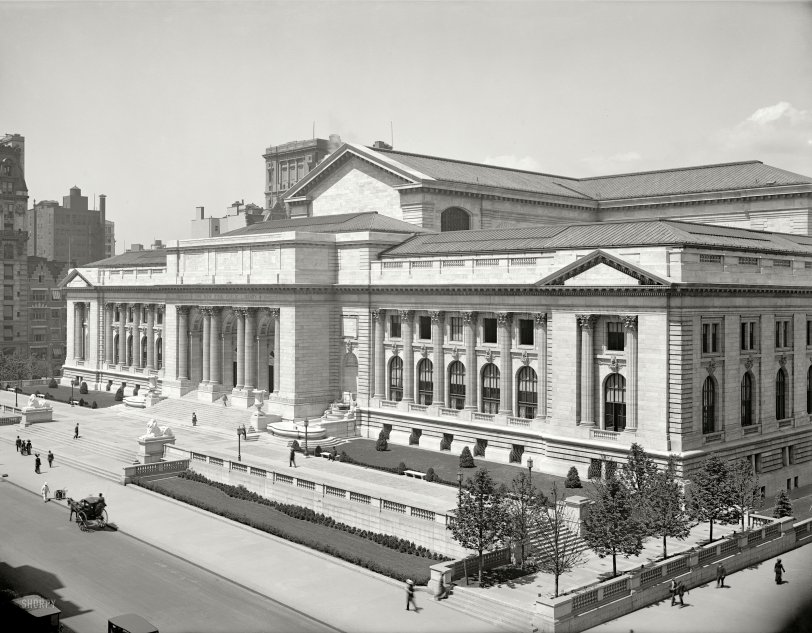The New York Public Library (last seen here sans lions) around the time of its opening in 1911. Detroit Publishing Co. glass negative. View full size.
