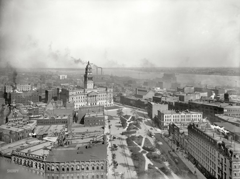 Detroit, Michigan, circa 1903. "Wayne County Building, looking east from Majestic Building." This view includes a couple of the city's arc-lamp "moonlight towers." 8x10 inch glass negative, Detroit Publishing Co. View full size.

