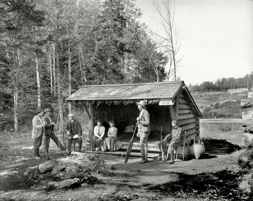 Upstate New York circa 1905. "An open camp in the Adirondacks." 8x10 inch dry plate glass negative, Detroit Publishing Company. View full size.
