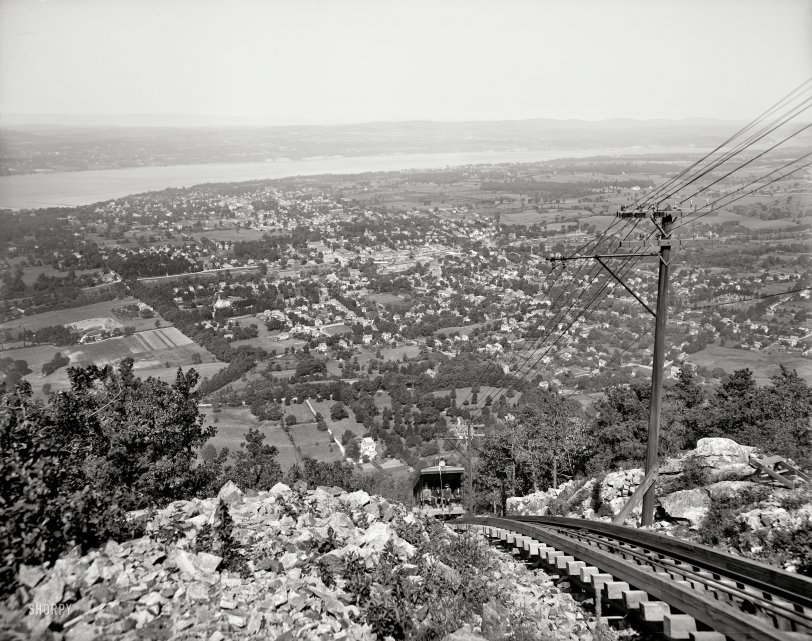 Dutchess County, New York, circa 1905. "Mount Beacon Incline Railway, looking down, Fishkill-on-the-Hudson." 8x10 inch glass negative. View full size.
