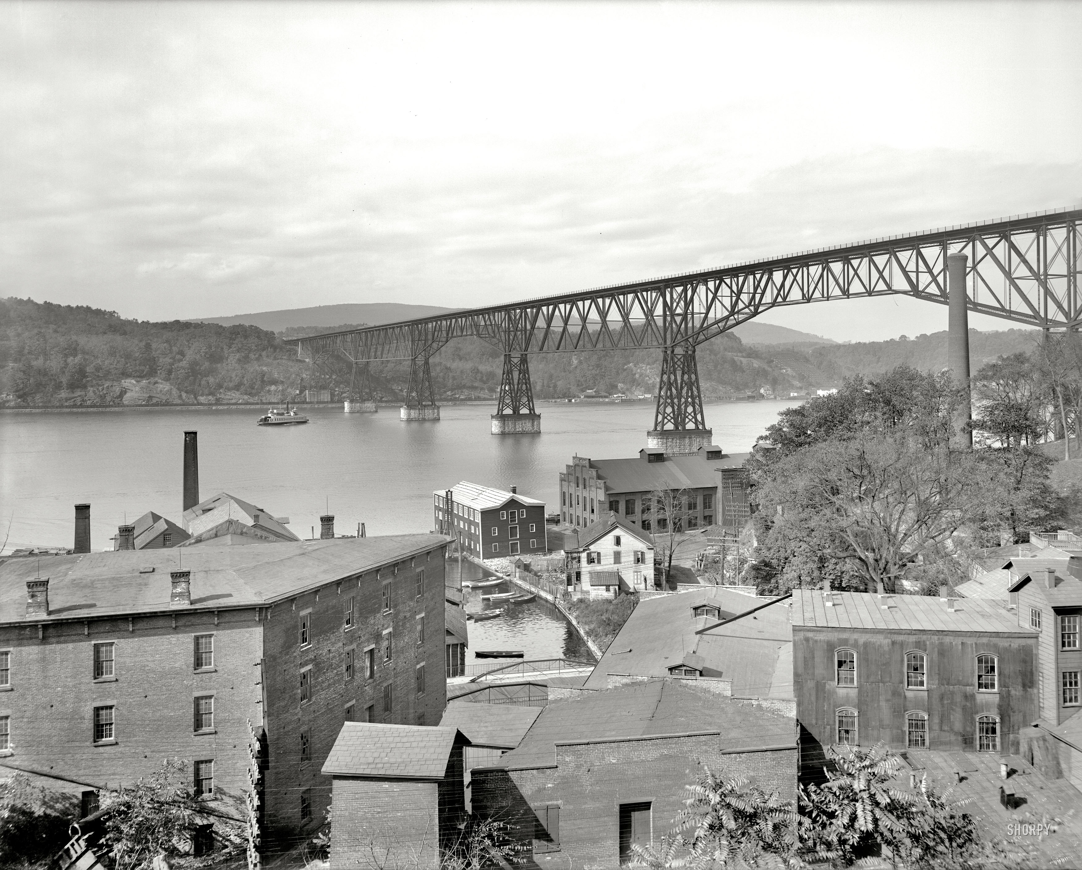 New York circa 1905. "Poughkeepsie Bridge." Another look at the giant railroad bridge over the Hudson River. 8x10 inch glass negative. View full size.