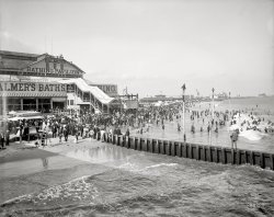 New York circa 1908. "Balmer's bathing beach, Coney Island." Beer, peanuts, surf and sand! 8x10 inch glass negative, Detroit Publishing Company. View full size.