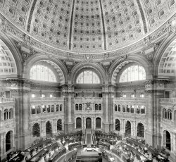 Washington, D.C., circa 1905. "Library of Congress, Main Reading Room." 8x10 inch dry plate glass negative, Detroit Publishing Company. View full size.
StunningComparing this photo with the 2007 version was awesome.  So little change.  The big difference is color, quality of the lens and film between the two.
[Technically speaking, neither one uses film -- the 1905 photo was made on glass, and the 2007 photo is digital. - Dave]
ReminderThat the more things change, the more they stay the same. Thanks
OK ColorizersDo your stuff. Let's see how close you can come.
Glass vs. DigitalI will always prefer the glass over the digital. I think it looks much better. Awesome.
(The Gallery, D.C., DPC)