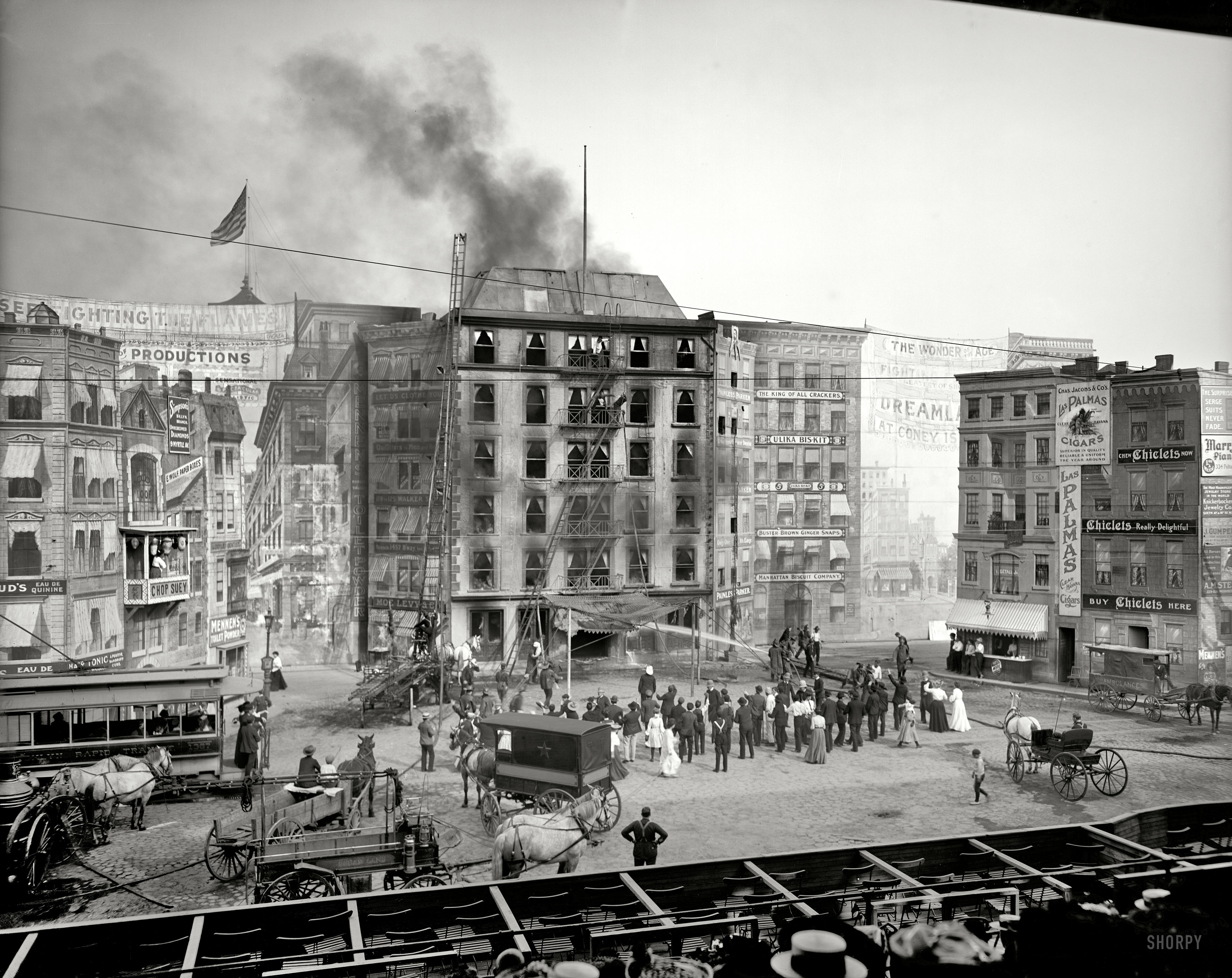 Coney Island, New York, circa 1905. An attraction called "Fighting the Flames." 8x10 inch dry plate glass negative, Detroit Publishing Company. View full size.