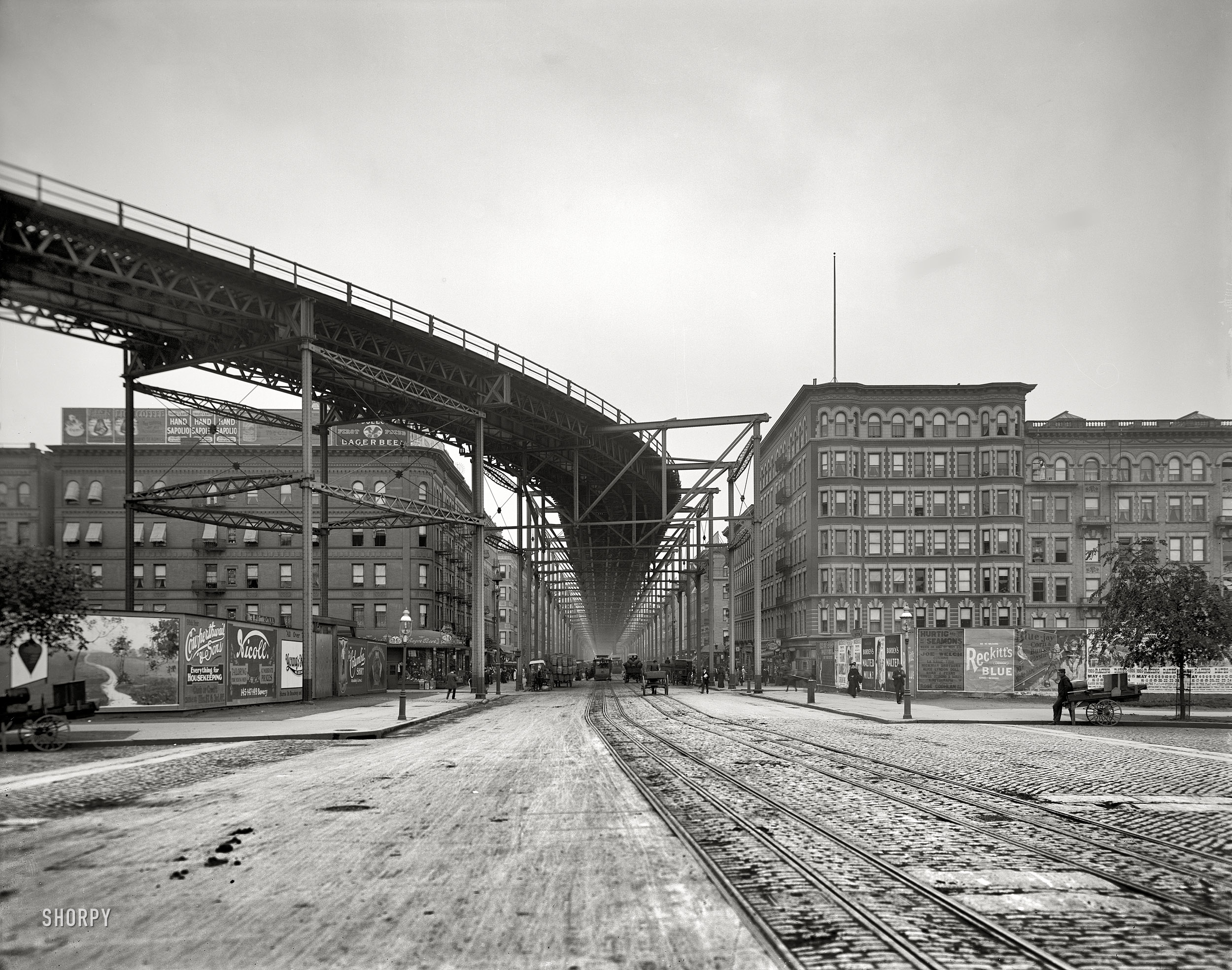 New York City circa 1905. "The Elevated, Eighth Avenue and 110th Street." 8x10 inch dry plate glass negative, Detroit Publishing Company. View full size.