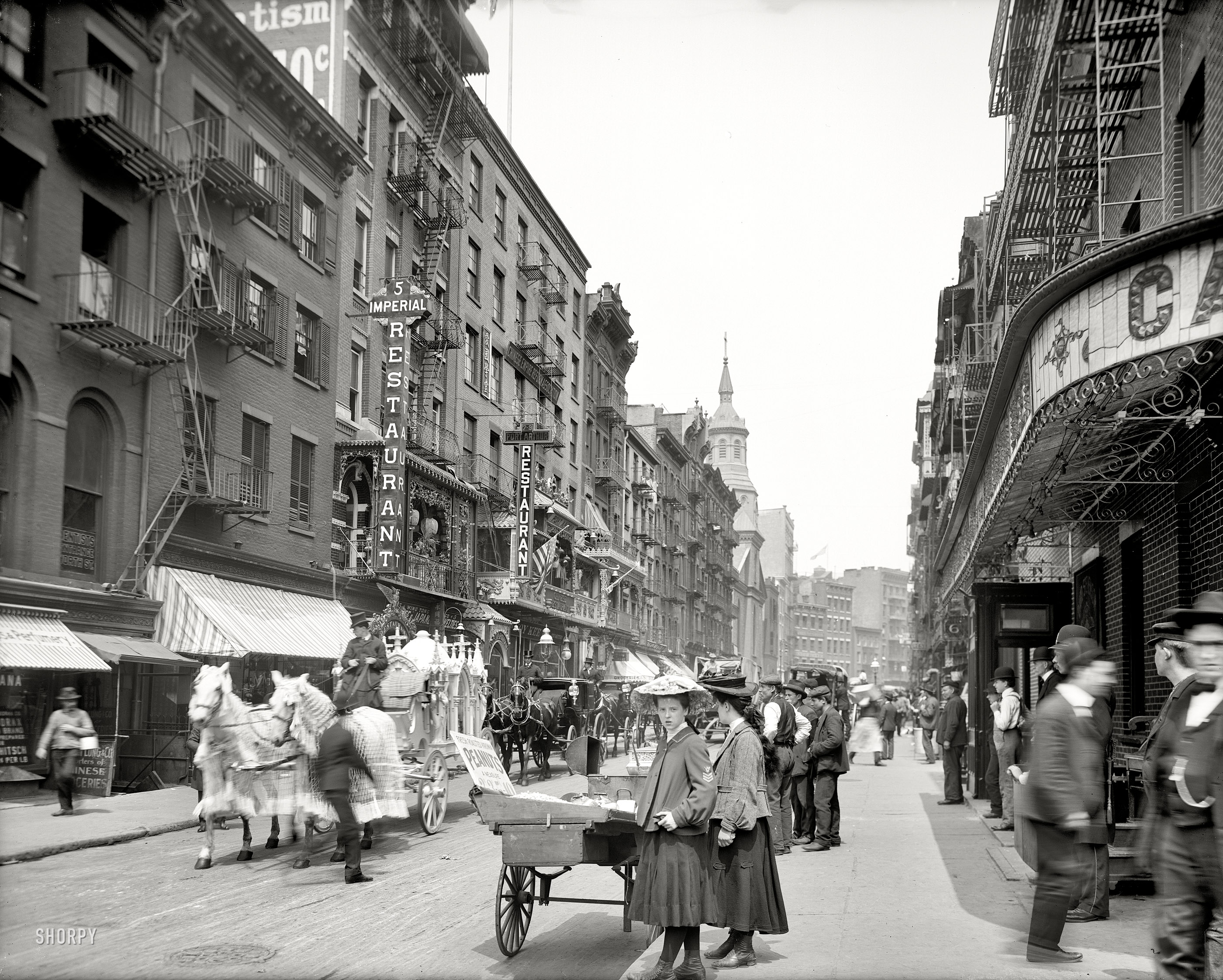 New York circa 1905. "Mott Street." Another view of the funeral procession seen here. 8x10 inch dry plate glass negative, Detroit Publishing Co. View full size.