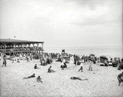 Ocean Grove, New Jersey, circa 1905. "Ross's Pavilion and beach." Desperately awaiting the invention of the beach towel. 8x10 inch dry plate glass negative, Detroit Publishing Company. View full size.