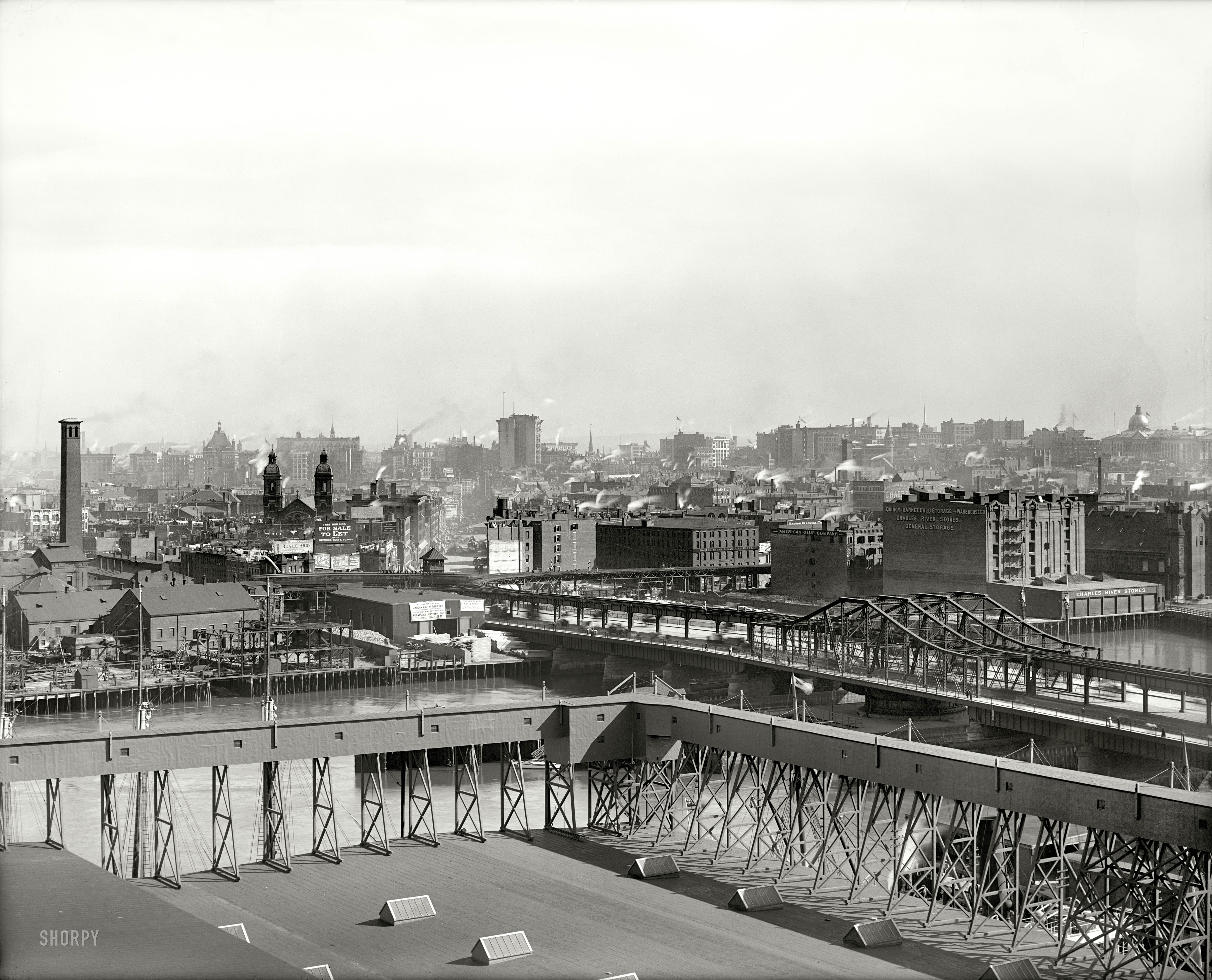 Boston, Massachusetts, circa 1906. "Navy Yard docks and Charles River from Charlestown." 8x10 glass negative, Detroit Publishing Co. View full size.