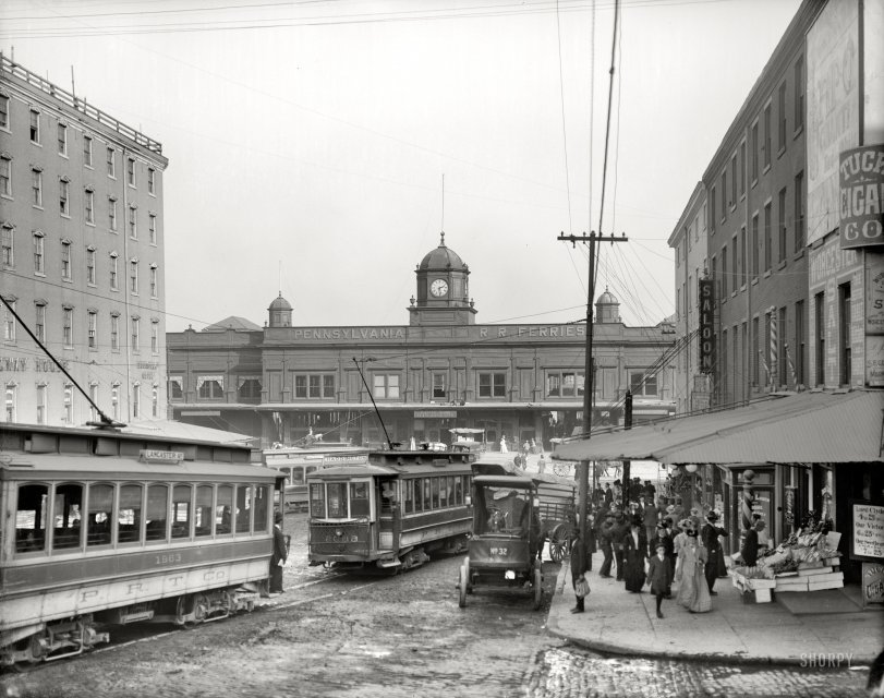 Philadelphia circa 1905. "Pennsylvania Railroad ferry terminal, Market Street." A busier view of the streetcar loop seen here a couple weeks ago. 8x10 inch dry plate glass negative, Detroit Publishing Company. View full size.
