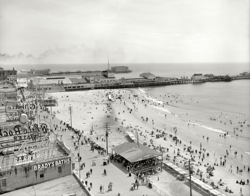 The Jersey shore circa 1906. "Beach and Boardwalk, Atlantic City." Brought to you by Gillette. Detroit Publishing Company glass negative. View full size.
