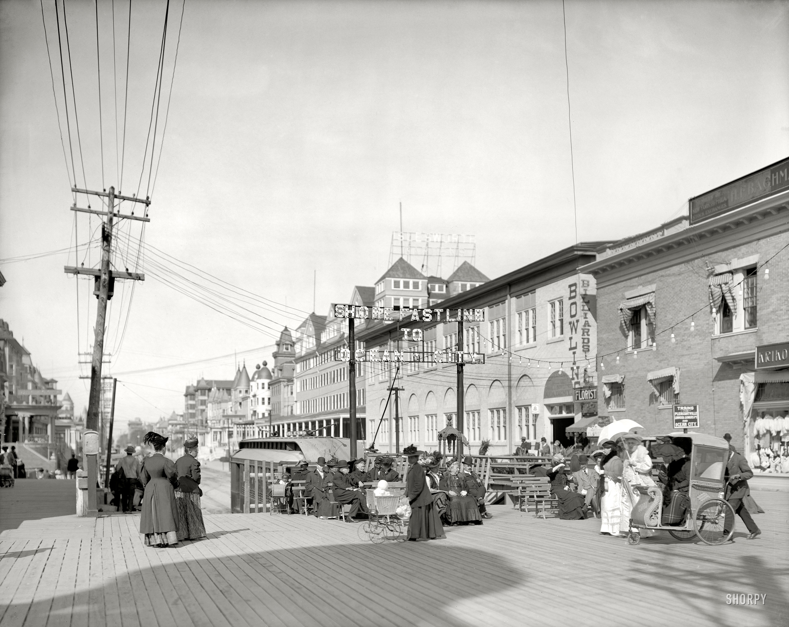 Atlantic City circa 1908. "Virginia Avenue from the Boardwalk." 8x10 inch dry plate glass negative, Detroit Publishing Company. View full size.