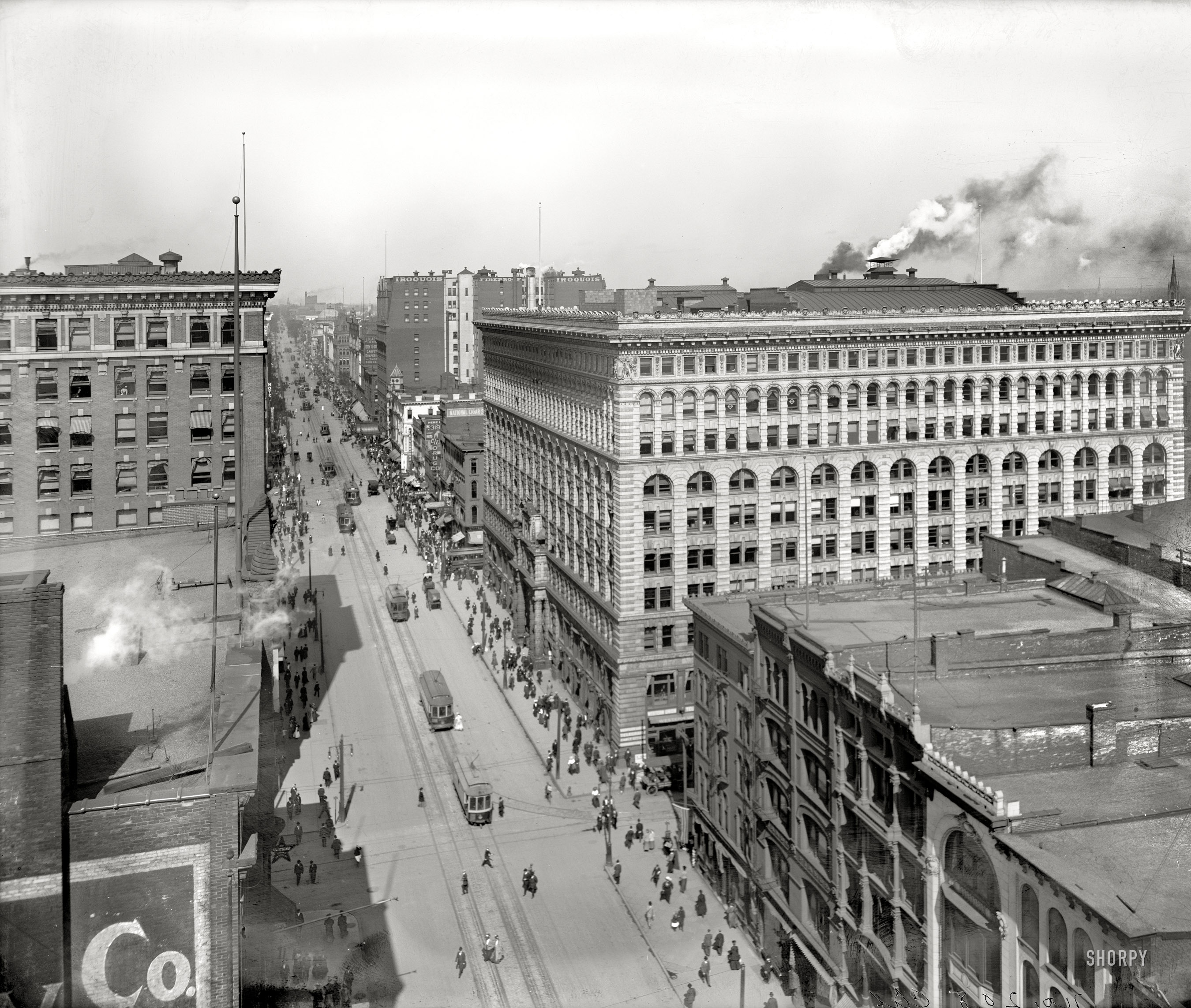 Circa 1905. "Buffalo, New York, Main Street." A bird's-eye view of Buffalo. 8x10 inch dry plate glass negative, Detroit Publishing Company. View full size.