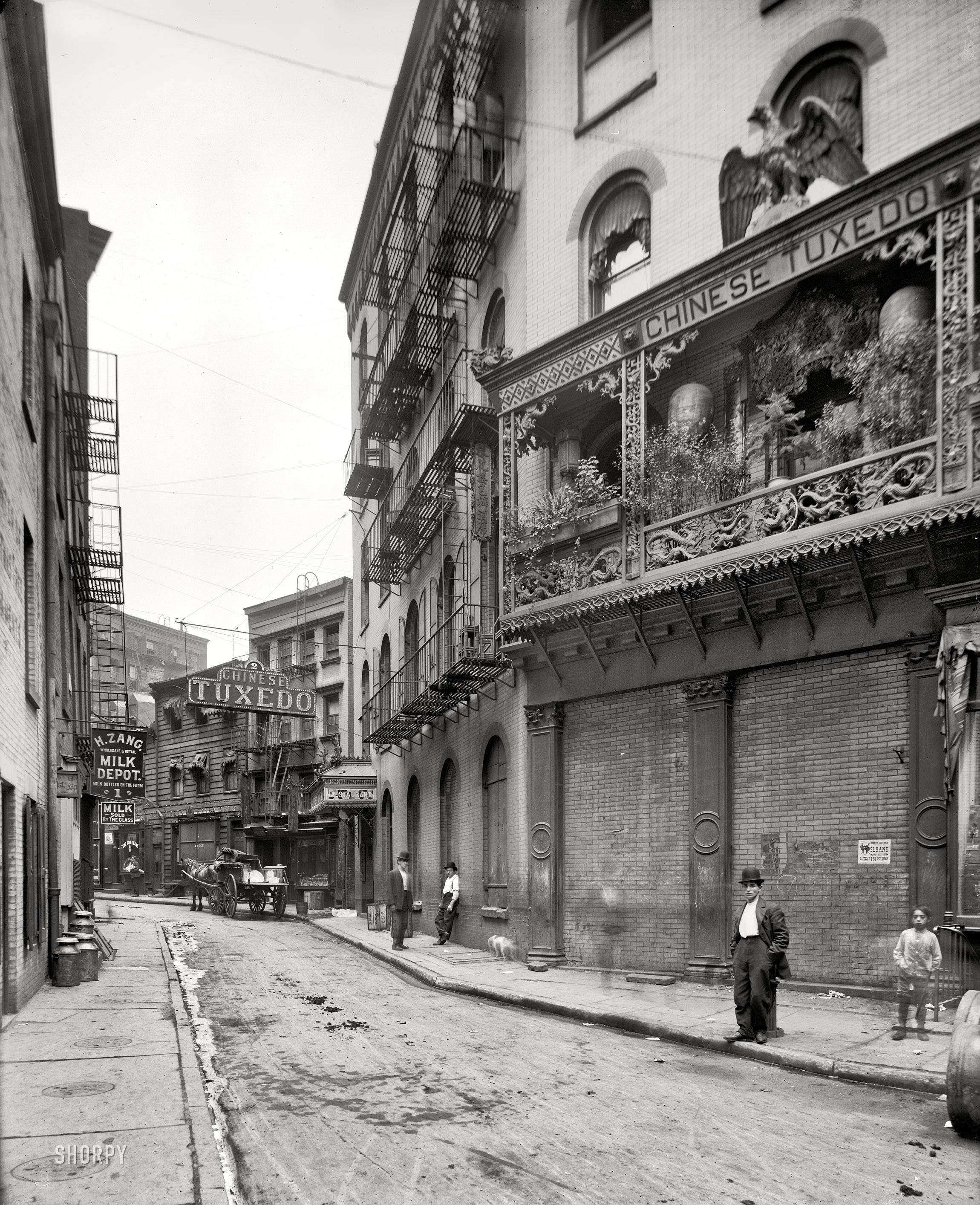 Circa 1901, continuing our tour of New York. "Doyers Street, Chinatown." A wholesome neighborhood where milk can be purchased "by the glass." 8x10 inch dry plate glass negative, Detroit Publishing Company. View full size.