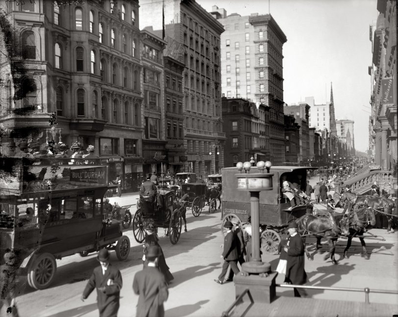 "Fifth Avenue and Forty-Second Street, New York." Circa 1908, horses and motorcars shared the streets. Detroit Publishing glass negative. View full size.

