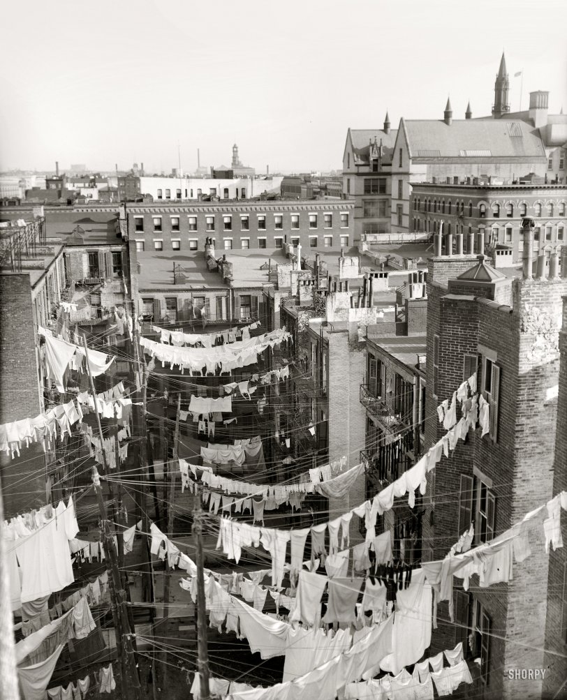 Circa 1900-1910. "Yard of tenement, New York City." Hung out to dry somewhere in Manhattan. Detroit Publishing Company glass negative. View full size.
