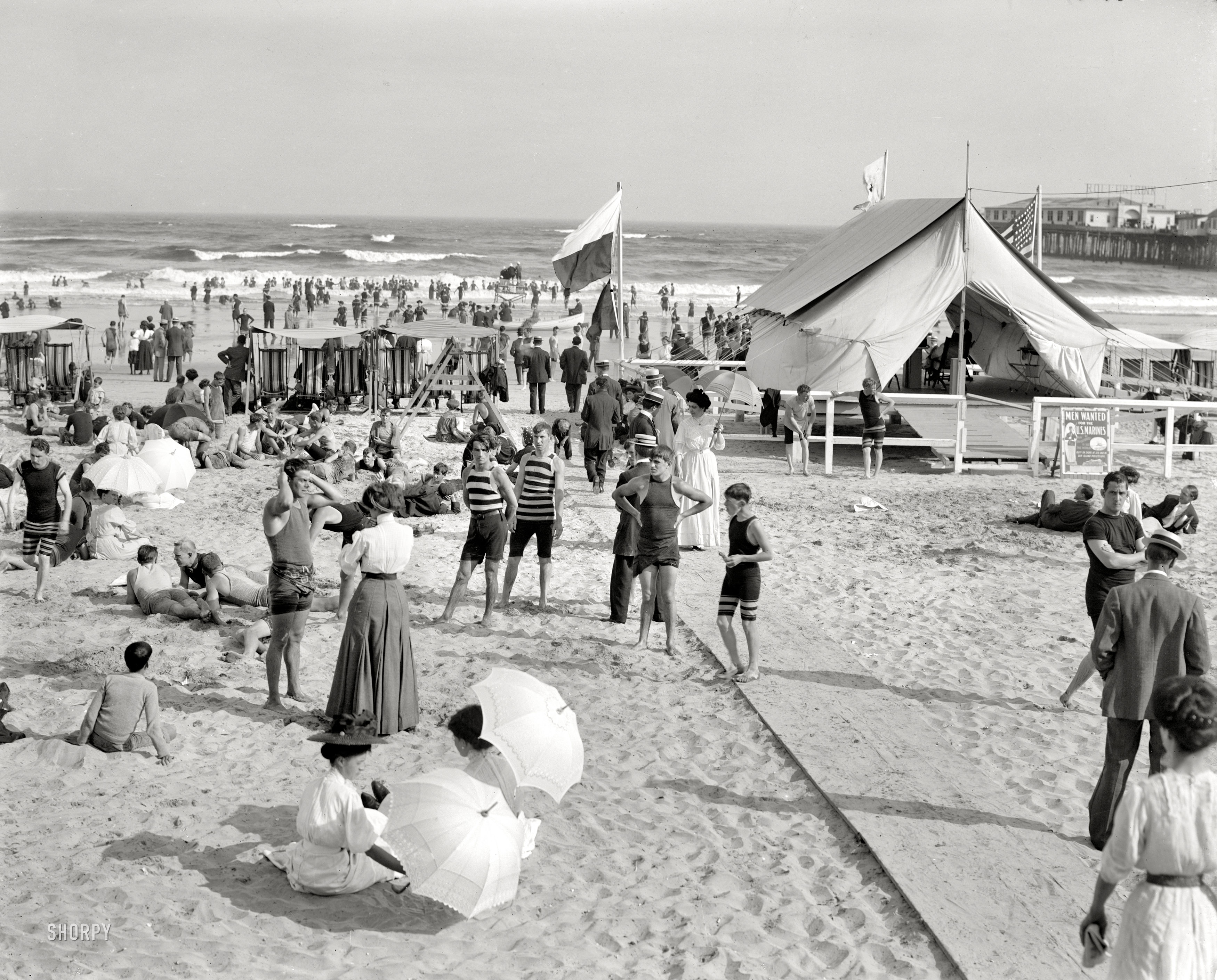 The Jersey Shore circa 1910, continuing our theme of waterfront scenes with stripes. "Bathing at Atlantic City." 8x10 inch dry plate glass negative, Detroit Publishing Company. View full size or fast-forward a few years.