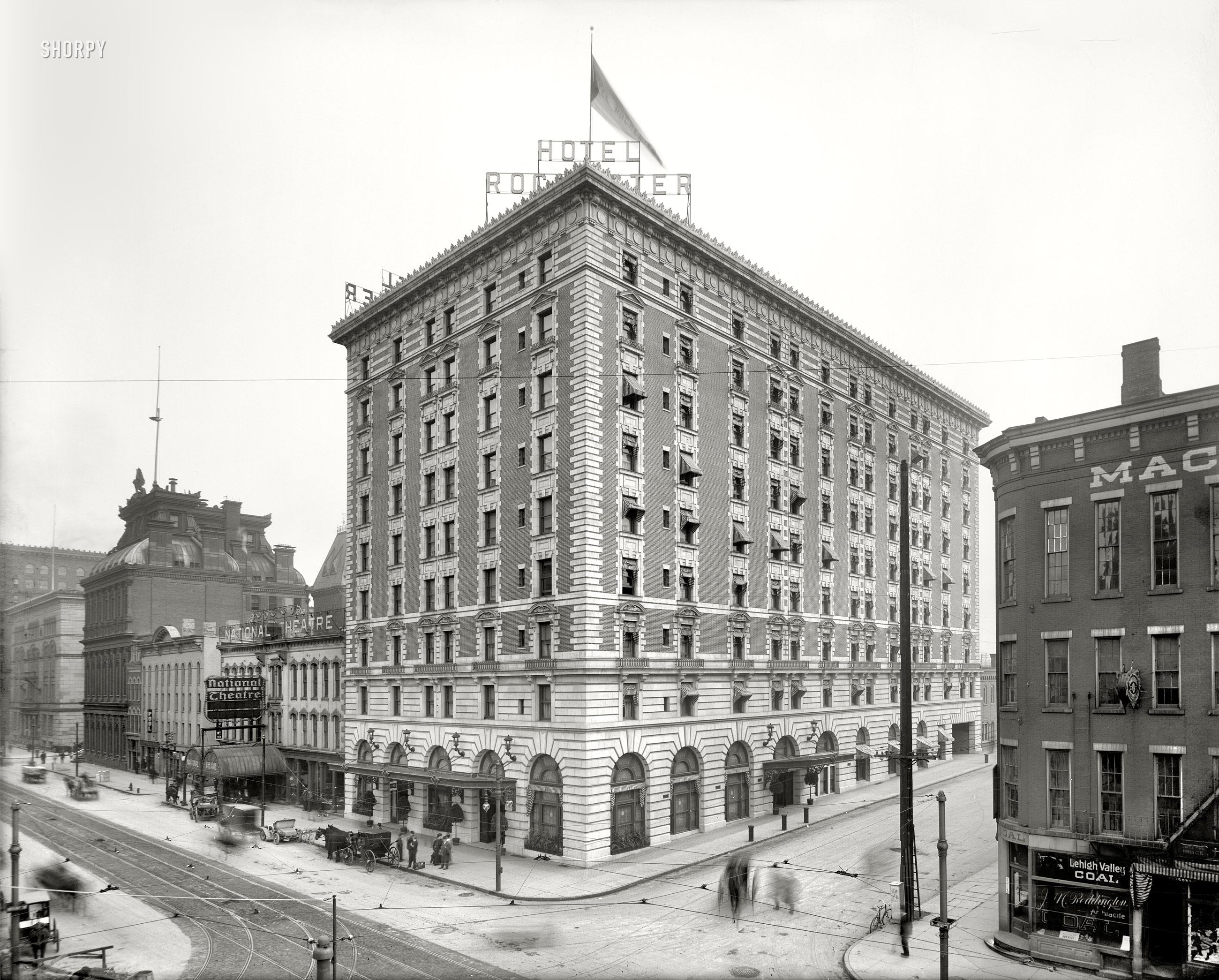 Rochester, New York, circa 1908. "Hotel Rochester, Main Street and Plymouth Avenue." 8x10 inch glass negative, Detroit Publishing Company. View full size.