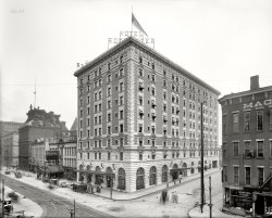 Rochester, New York, circa 1908. "Hotel Rochester, Main Street and Plymouth Avenue." 8x10 inch glass negative, Detroit Publishing Company. View full size.