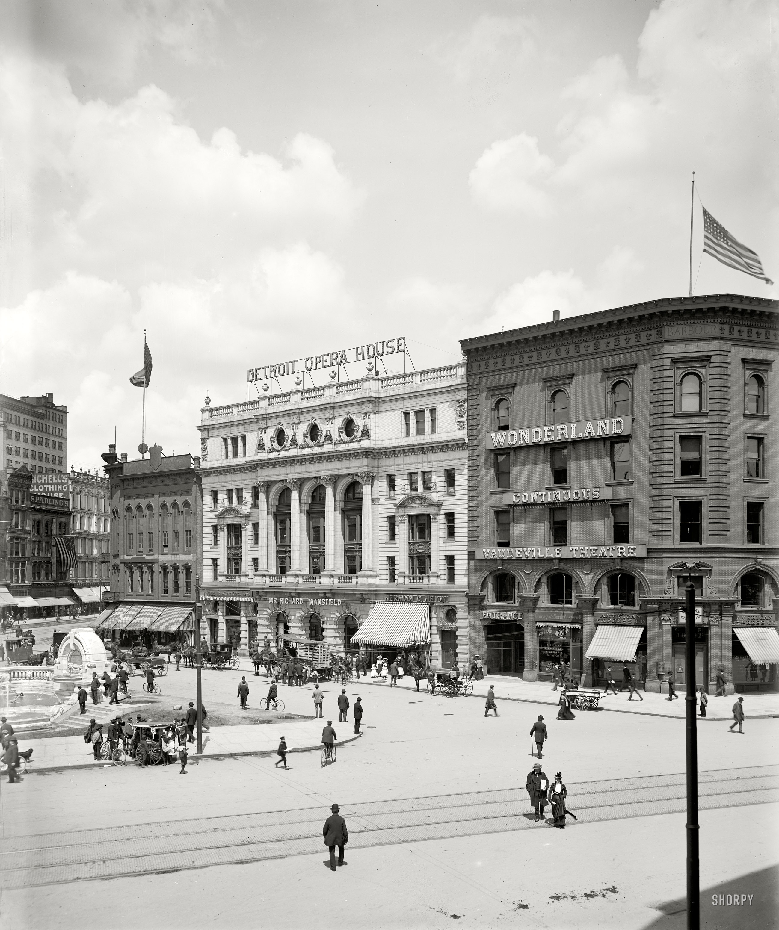 Circa 1900. "Opera House and Campus Martius." The leftmost section of a four-part panorama whose center includes the Detroit City Hall view posted yesterday. Photo by Lycurgus S. Glover, Detroit Publishing Co. View full size.