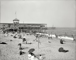 New Jersey circa 1905. "Pavilion and beach, Asbury Park." The continuation of the previous Asbury Park image. Detroit Publishing Company. View full size.