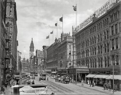 Market Street at Eighth in Philadelphia circa 1905, with the Lit Brothers building at right. Detroit Publishing Company glass negative. View full size.