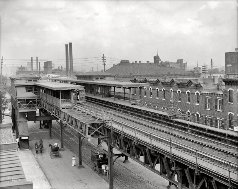 Philadelphia, Pennsylvania, circa 1908. "The Elevated station at 36th Street." 8x10 inch dry plate glass negative, Detroit Publishing Company. View full size.
