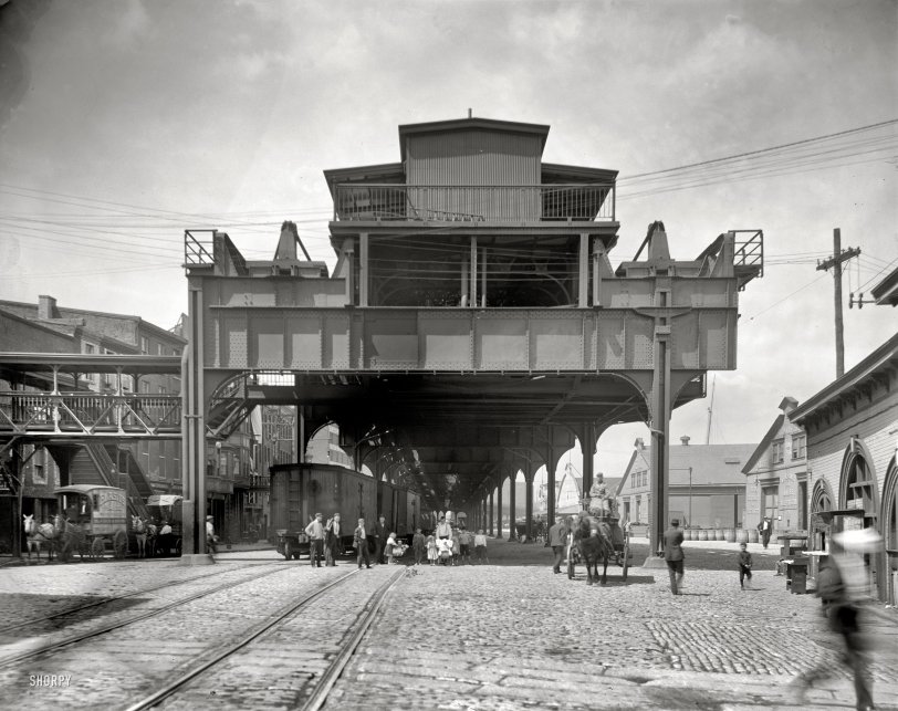 Philadelphia circa 1905. "The elevated railway at Delaware &amp; South Streets." 8x10 inch dry plate glass negative, Detroit Publishing Company. View full size.
