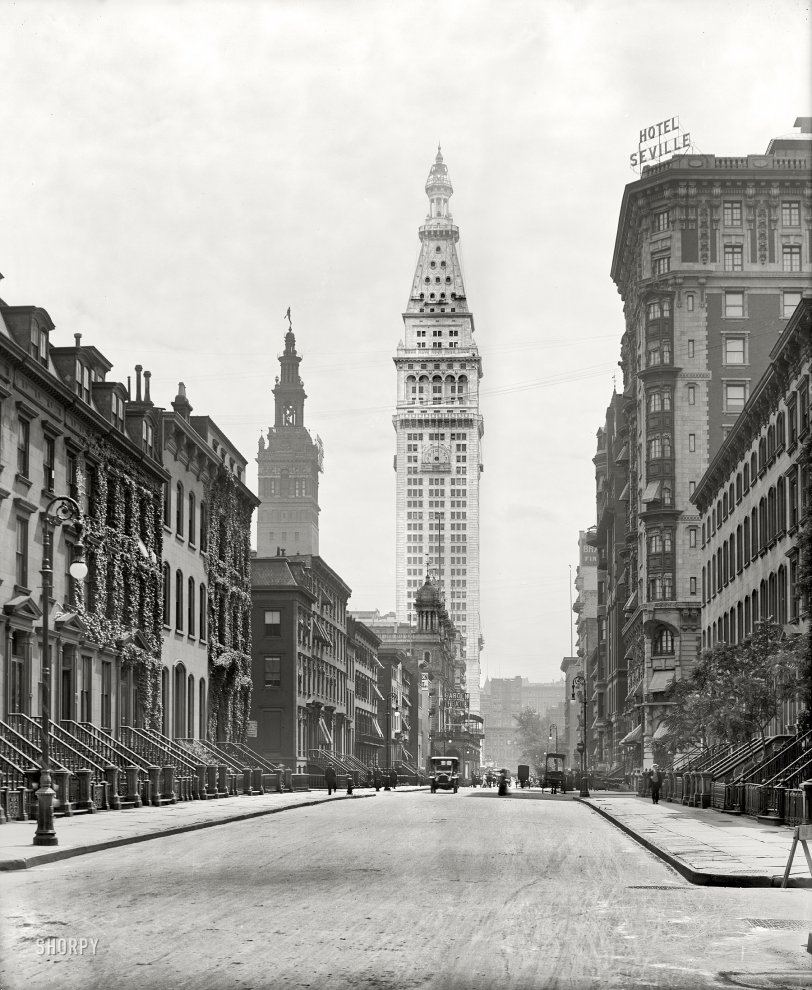 New York circa 1909. "Madison Avenue and the towers." Starring the new Metropolitan Life building. Detroit Publishing glass negative. View full size.
