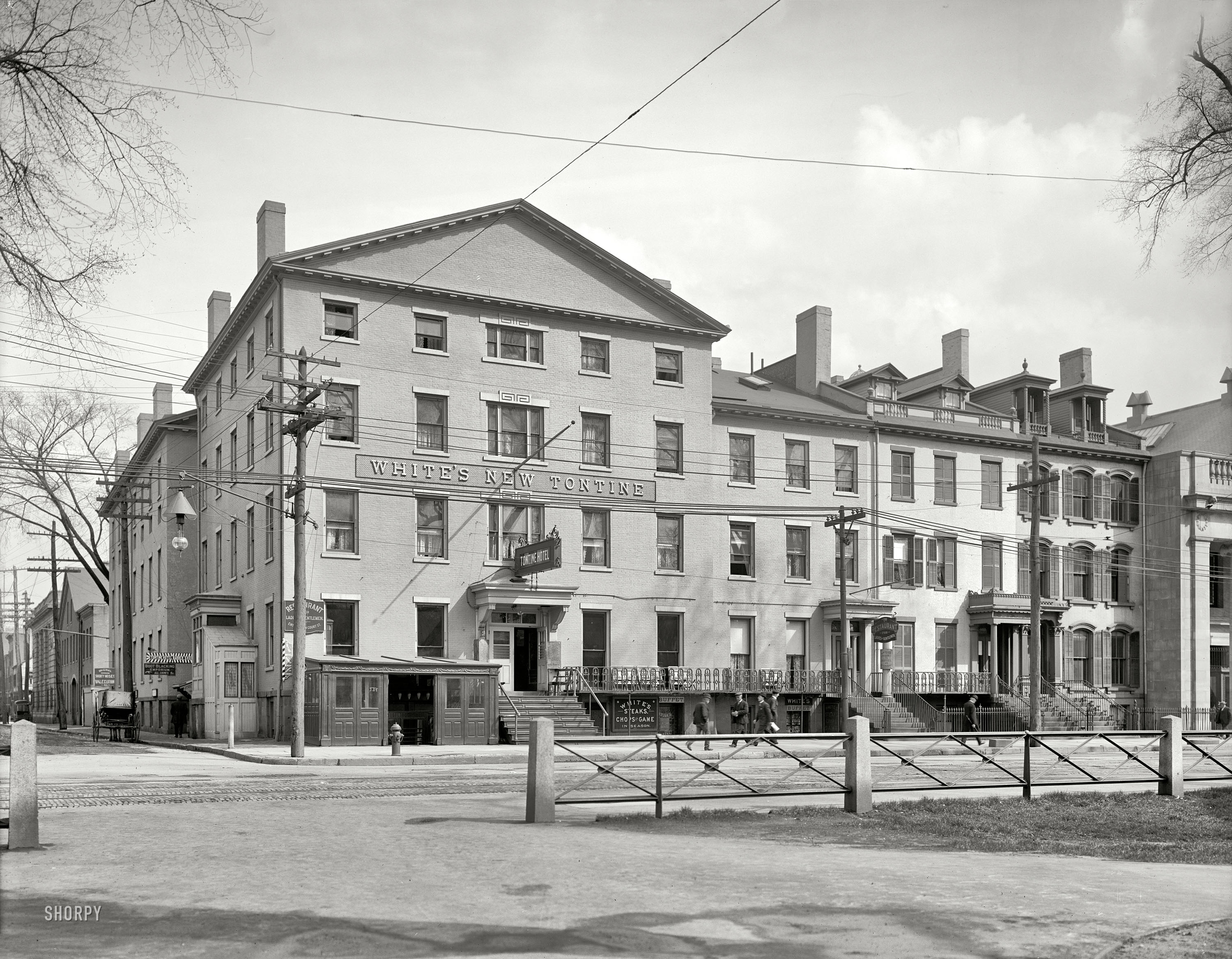 New Haven, Connecticut, early 1900s. "New Tontine Hotel, Church and Court streets." 8x10 inch glass negative, Detroit Publishing Company. View full size.