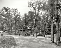 Onondaga County, New York, circa 1905. "Long Branch Park, Syracuse." At the right, a banner advertising "moving pictures." 8x10 glass neg. View full size.