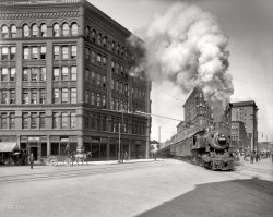 Syracuse, New York, circa 1905. "Empire State Express (New York Central Railroad) passing thru Washington Street." Our second look at one of these urban express trains. 8x10 glass negative, Detroit Publishing Co. View full size.