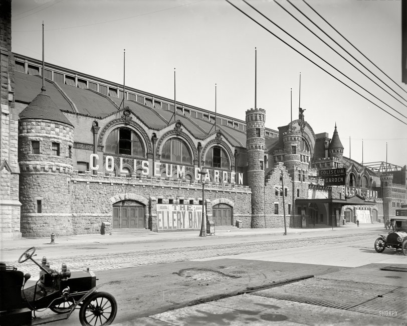 Chicago circa 1907. "The Coliseum, 15th &amp; Wabash Avenue." 8x10 inch dry plate glass negative by Hans Behm, Detroit Publishing Company. View full size.
