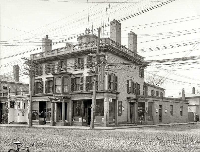Continuing our tour of Salem, Massachusetts, circa 1906. "Colonial House." Next door to a nickelodeon advertising "moving pictures and illustrated songs." 6½ x 8½ inch dry plate glass negative, Detroit Publishing Company. View full size.
