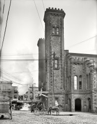 Salem, Massachusetts, circa 1910. "Boston and Maine Railroad depot, Riley Plaza." Our second look at this castle-depot and its steam-snorting iron horse. 6½ x 8½ inch glass negative, Detroit Publishing Company. View full size.