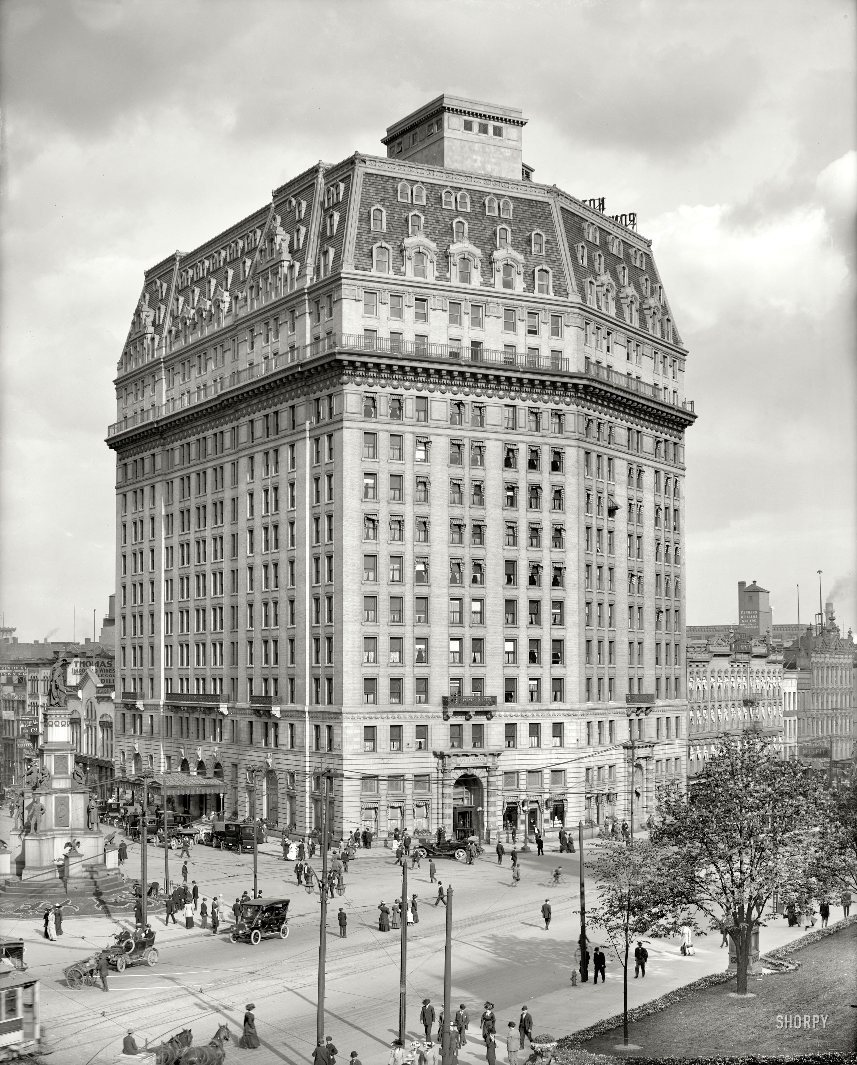 Detroit, Michigan, circa 1912. "Hotel Pontchartrain, Soldiers' and Sailors' Monument." Along with the Flatiron building in New York, "The Pontch" was one of Detroit Publishing's favorite architectural subjects. View full size.