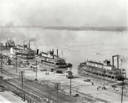 Memphis, Tennessee, circa 1900. "Mississippi River levee from the custom house. Steamboats James Lee, Harry Lee and City St. Joseph." 8x10 inch dry plate glass negative, Detroit Publishing Company. View full size.