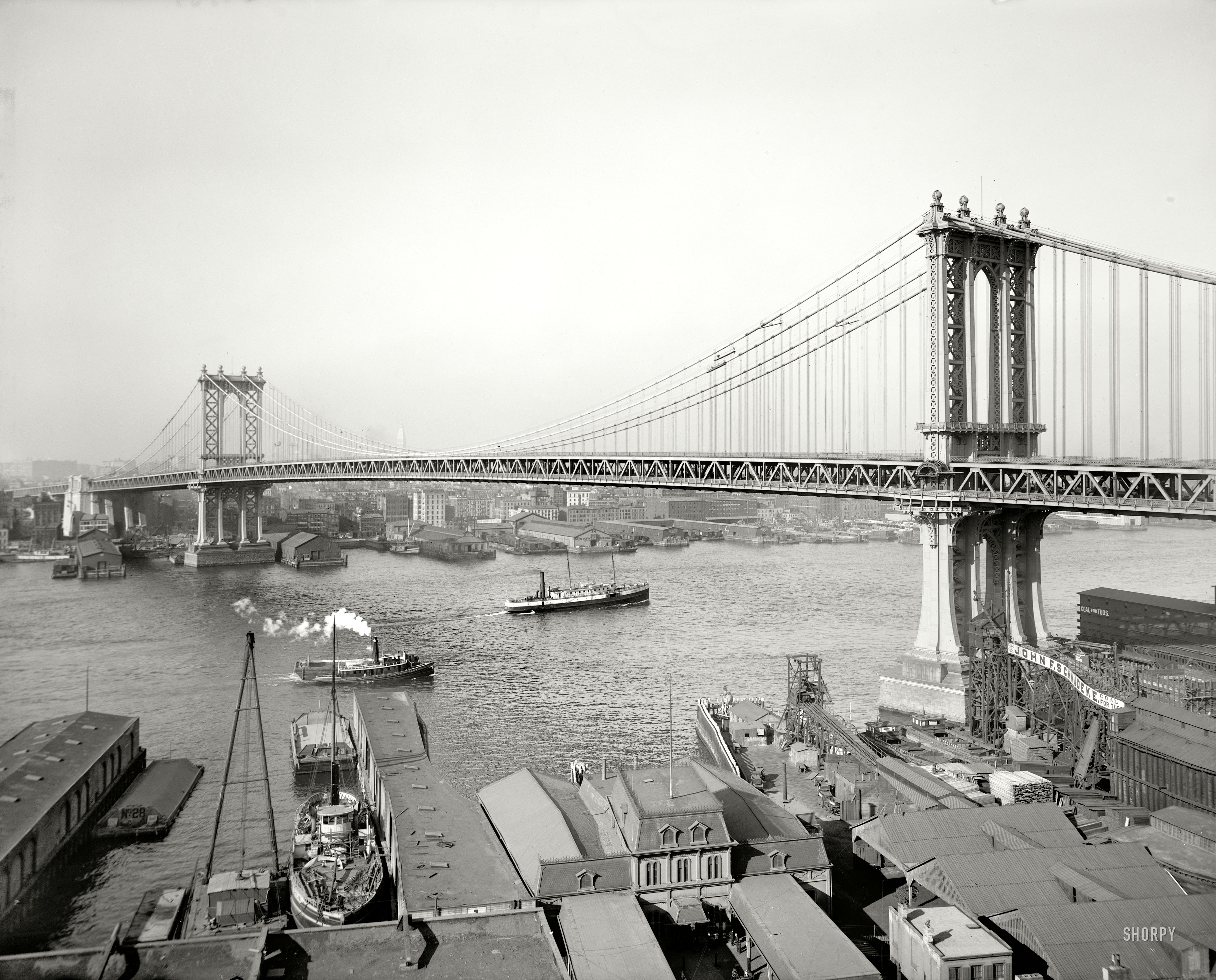 New York circa 1910. "Manhattan Bridge and East River from Brooklyn." 8x10 inch dry plate glass negative, Detroit Publishing Company. View full size.