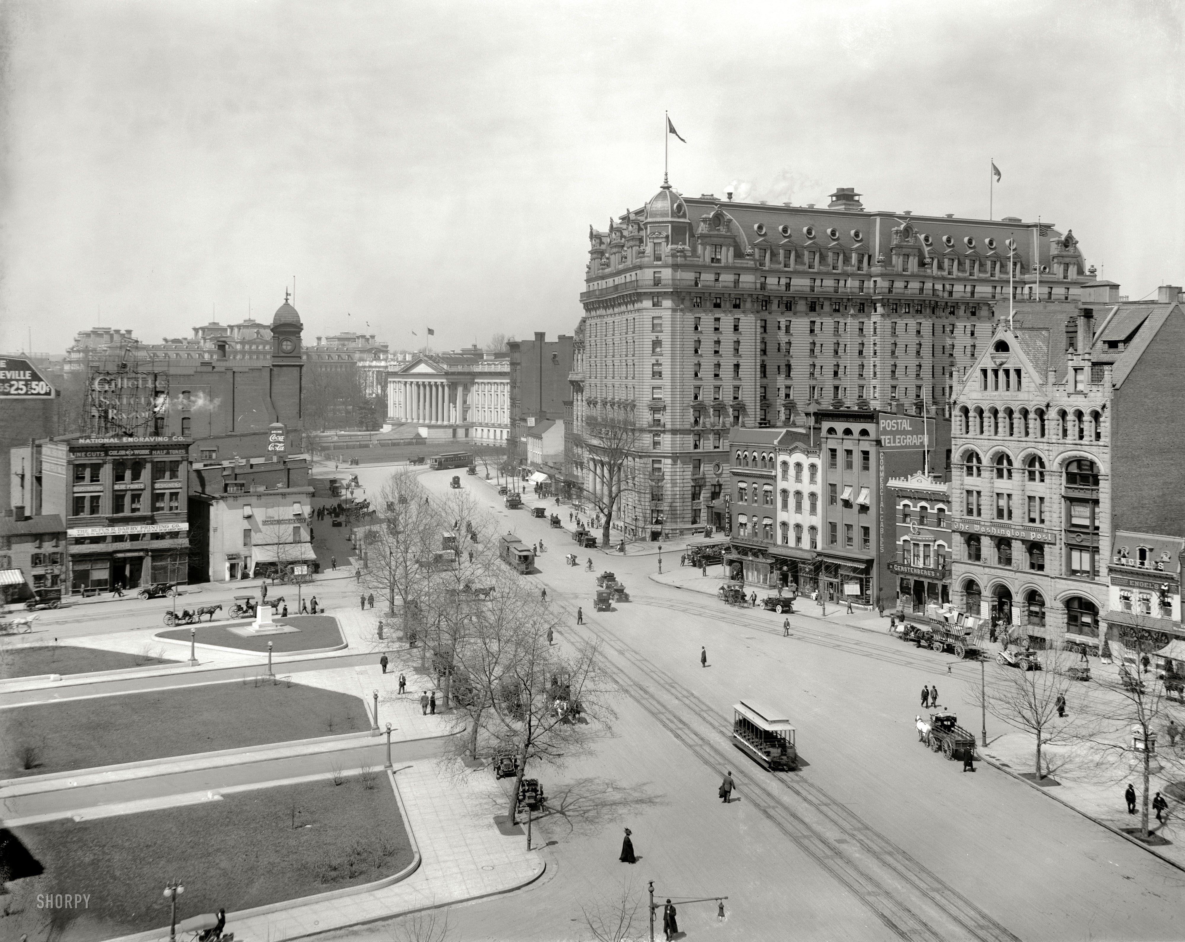 Washington, D.C., circa 1910. "Pennsylvania Avenue west from the Old Post Office." Landmarks here include the Washington Post newspaper, the Willard Hotel between 14th and 15th, the U.S Treasury, a bit of the White House, and the State, War and Navy building. Detroit Publishing glass negative. View full size.