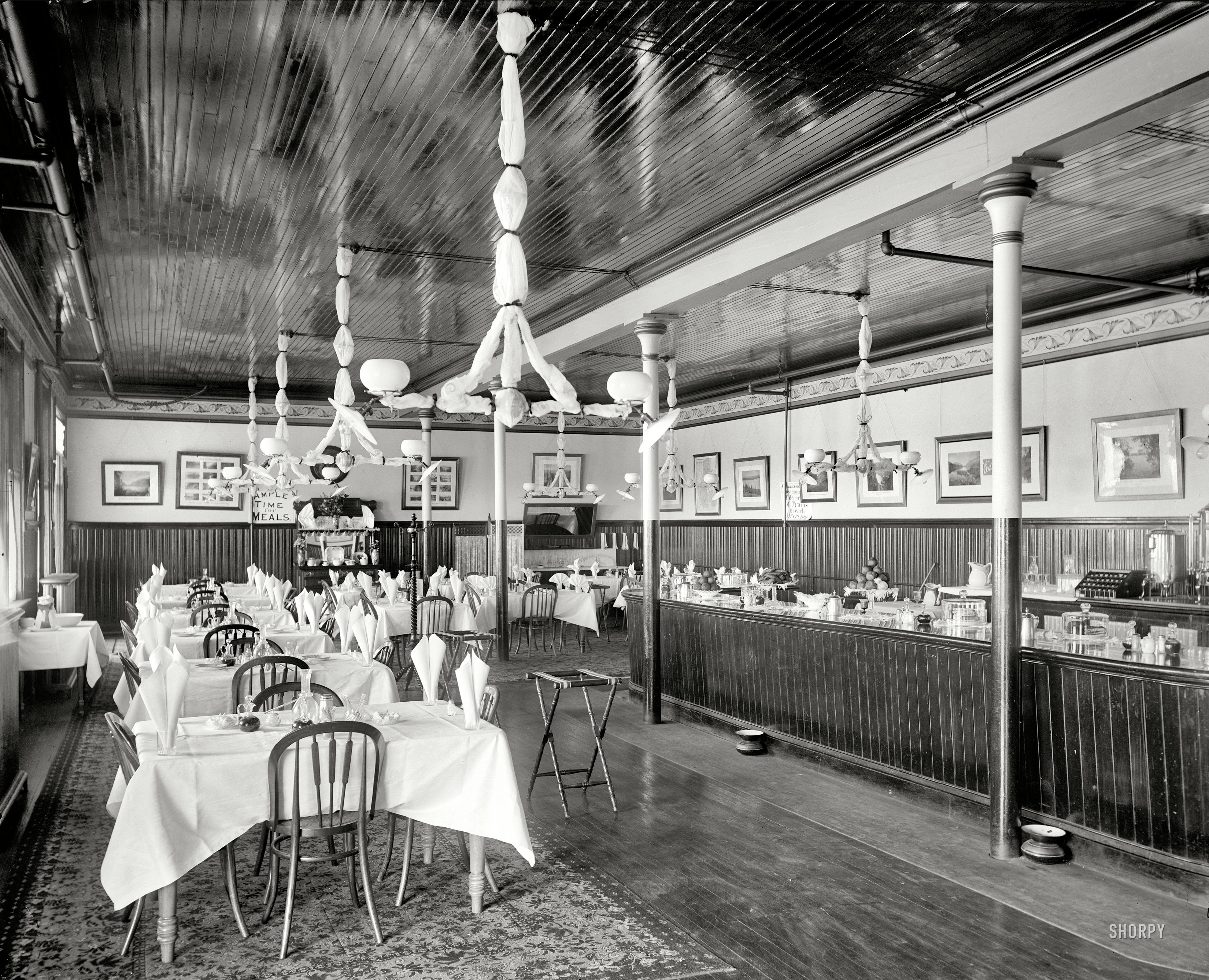 Circa 1900. "New York Central R.R. dining room." Full of high-class touches.  8x10 inch glass negative, Detroit Publishing Company. View full size.