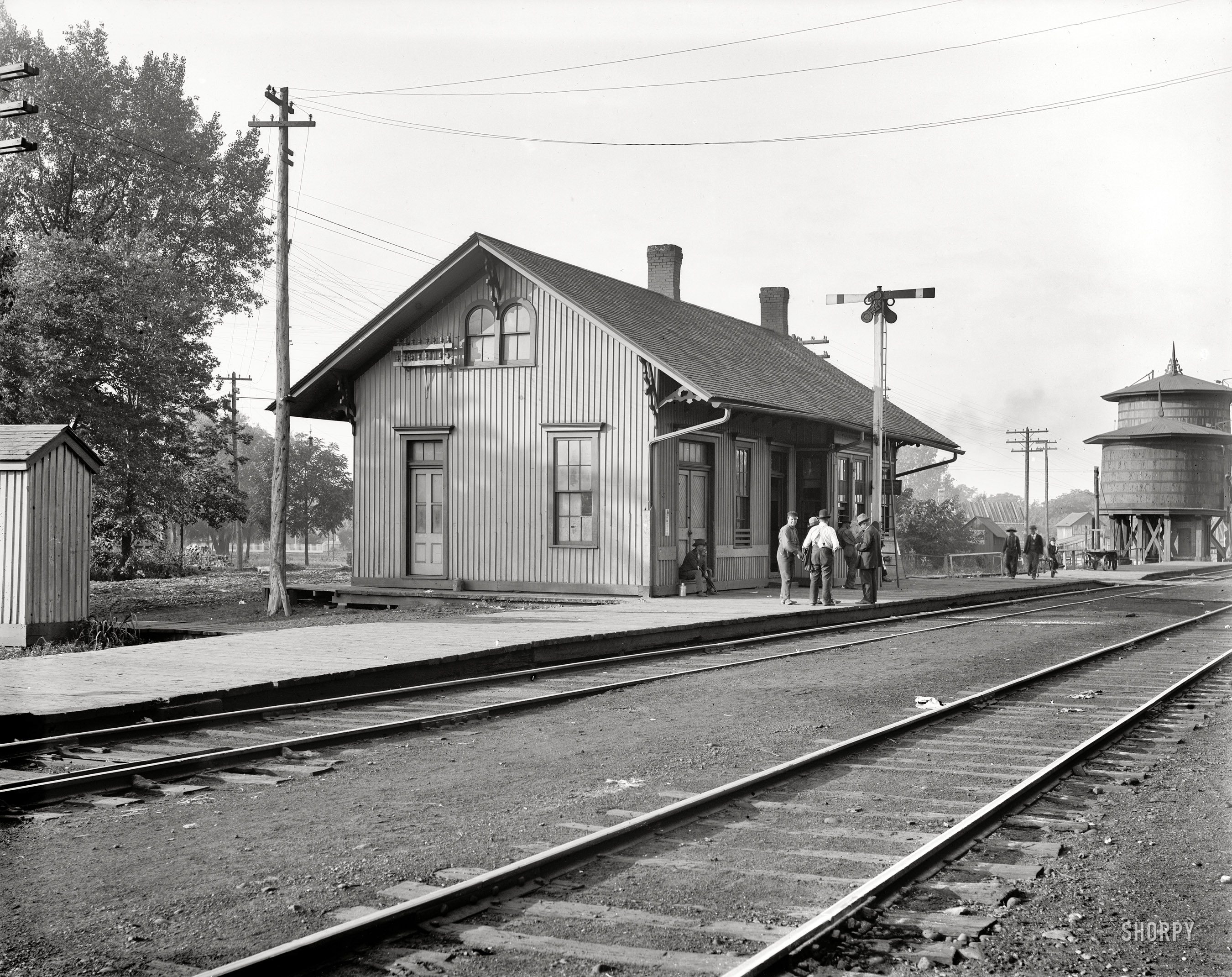 Circa 1905. "Railway station at Pontiac, Illinois." Next stop: Hooterville. 8x10 inch dry plate glass negative, Detroit Publishing Company. View full size.