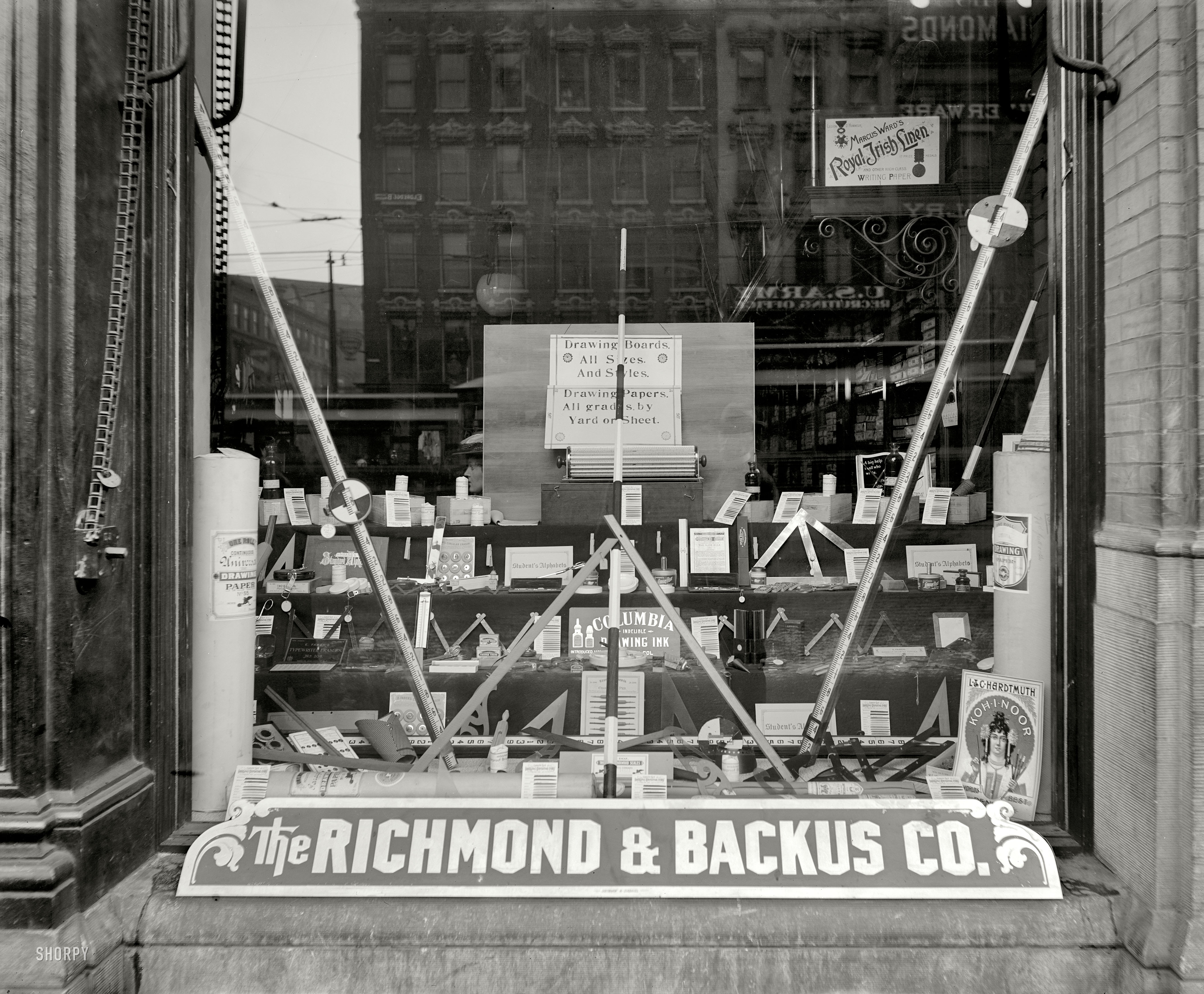 Detroit, Michigan, circa 1902: "Window display, art and drafting supplies." Our second look at Richmond & Backus, printers, binders and "office outfitters." 8x10 inch dry plate glass negative, Detroit Publishing Company. View full size.
